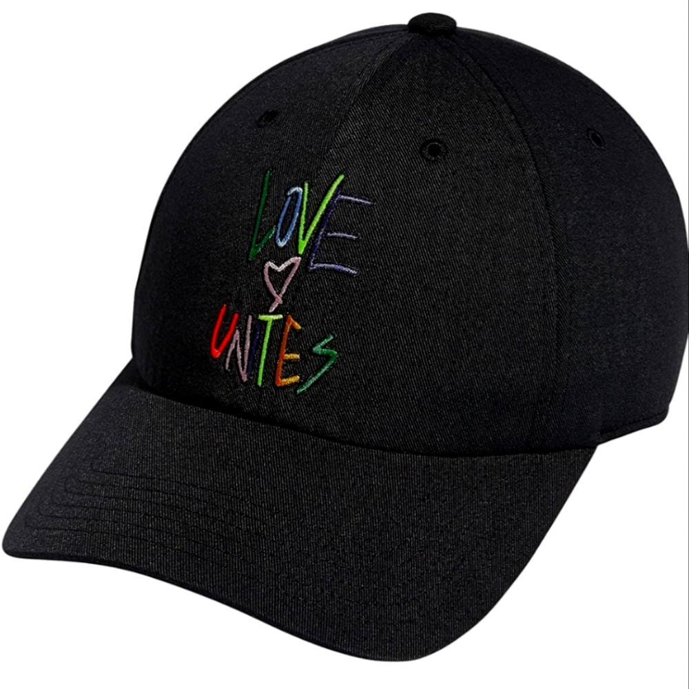 adidas Love Unites hat in Black, adjustable strap, Relaxed Fit